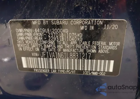 2020 Subaru Wrx Limited из США, поврежденный, VIN JF1VA1N61L8831217